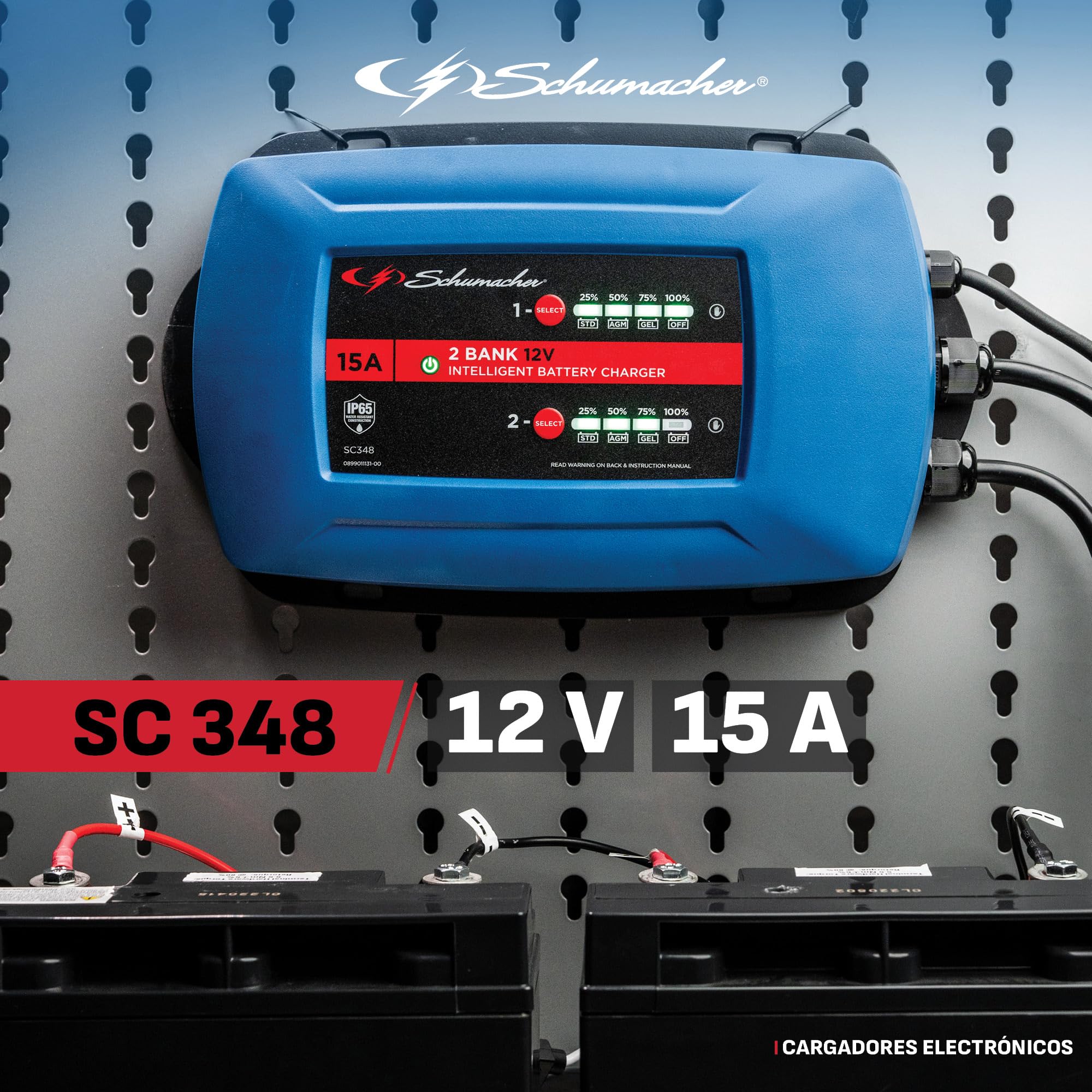 Schumacher Electric SC348-15A Cargador para 2 Baterías 12V Simultáneamente - Barco, Furgoneta, Caravana - Carga Inteligente - Pantalla Digital