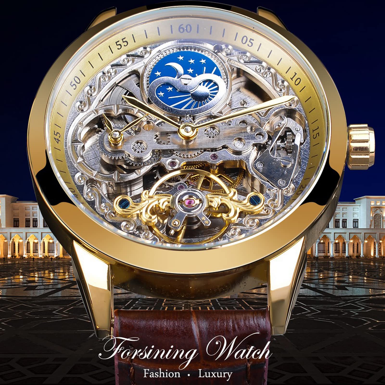 FORSINING Herrenuhr Tourbillon Mondphase Automatische Herren Leder Armbanduhr Mode Business Skelett Luxus Handaufzug Uhren, gold, Gürtel