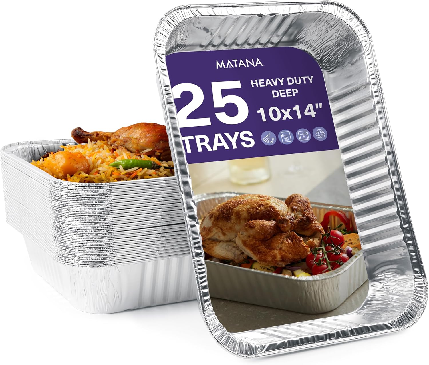 MATANA 25 Pack 10x14 Aluminum Pans, Lasagna Pan Disposable Baking Tin Foil Pan, Half Size Deep Steam Table Pan, Aluminum Tray, Great for Oven Roasting, Chafing, Heating, Serving Food, Parties