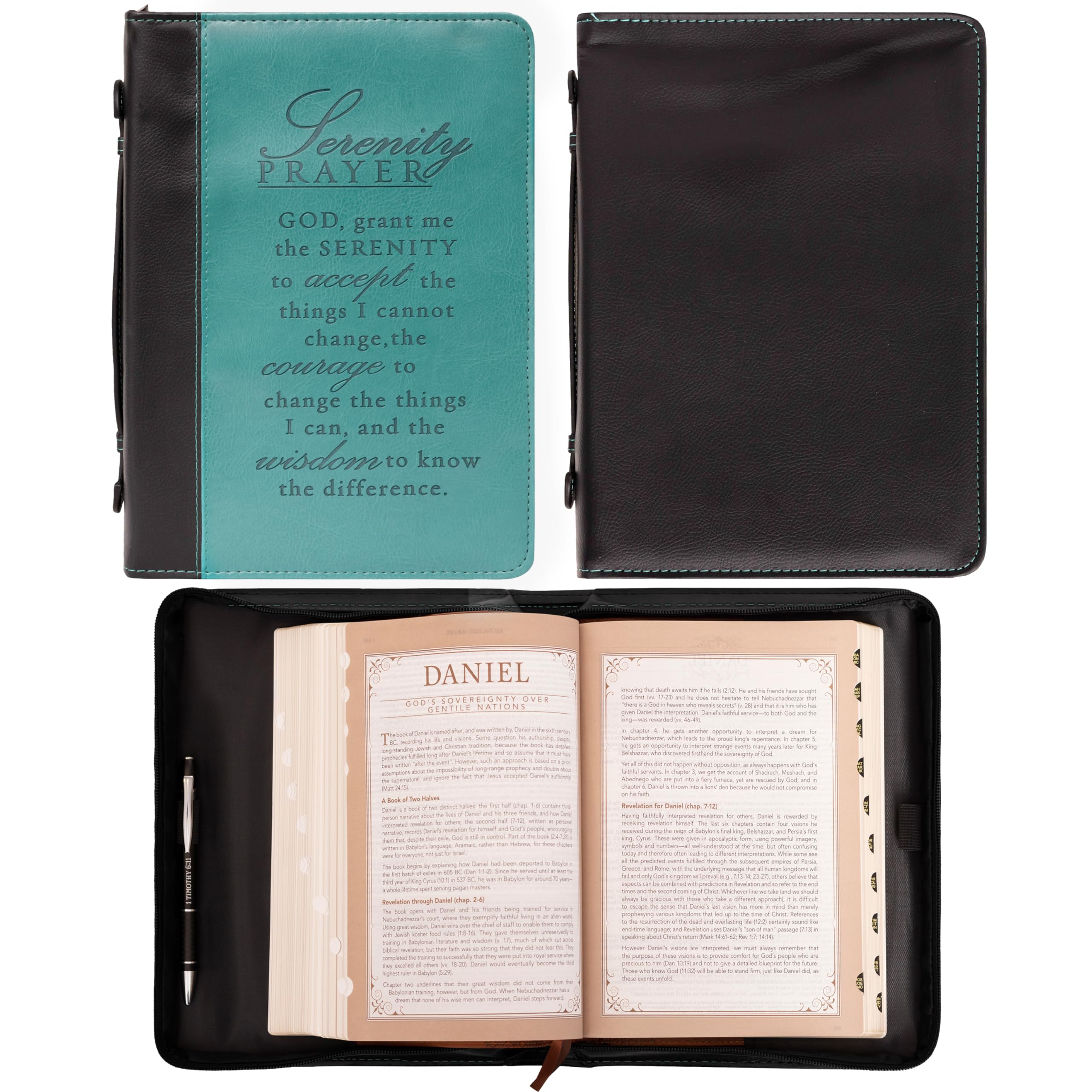 Christian Art GiftsWomen's Fashion Bible Cover Serenity Prayer, Aqua/Black Faux Leather, Large