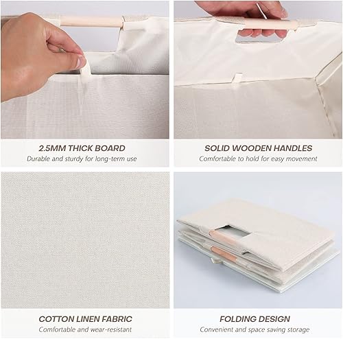 Miniatura 3 de LaMorée Caja de almacenamiento de tela plegable de algodón y lino con asas de madera, cubo rectangular, decorativo, para el hogar, cuarto del bebé,