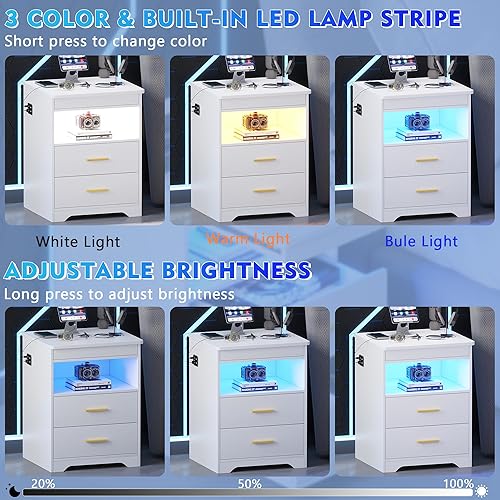 Miniatura 6 de Mesita de noche LED con cajón de armas, moderna mesa auxiliar con estación de carga, sensor automático de 3 colores regulable con compartimento