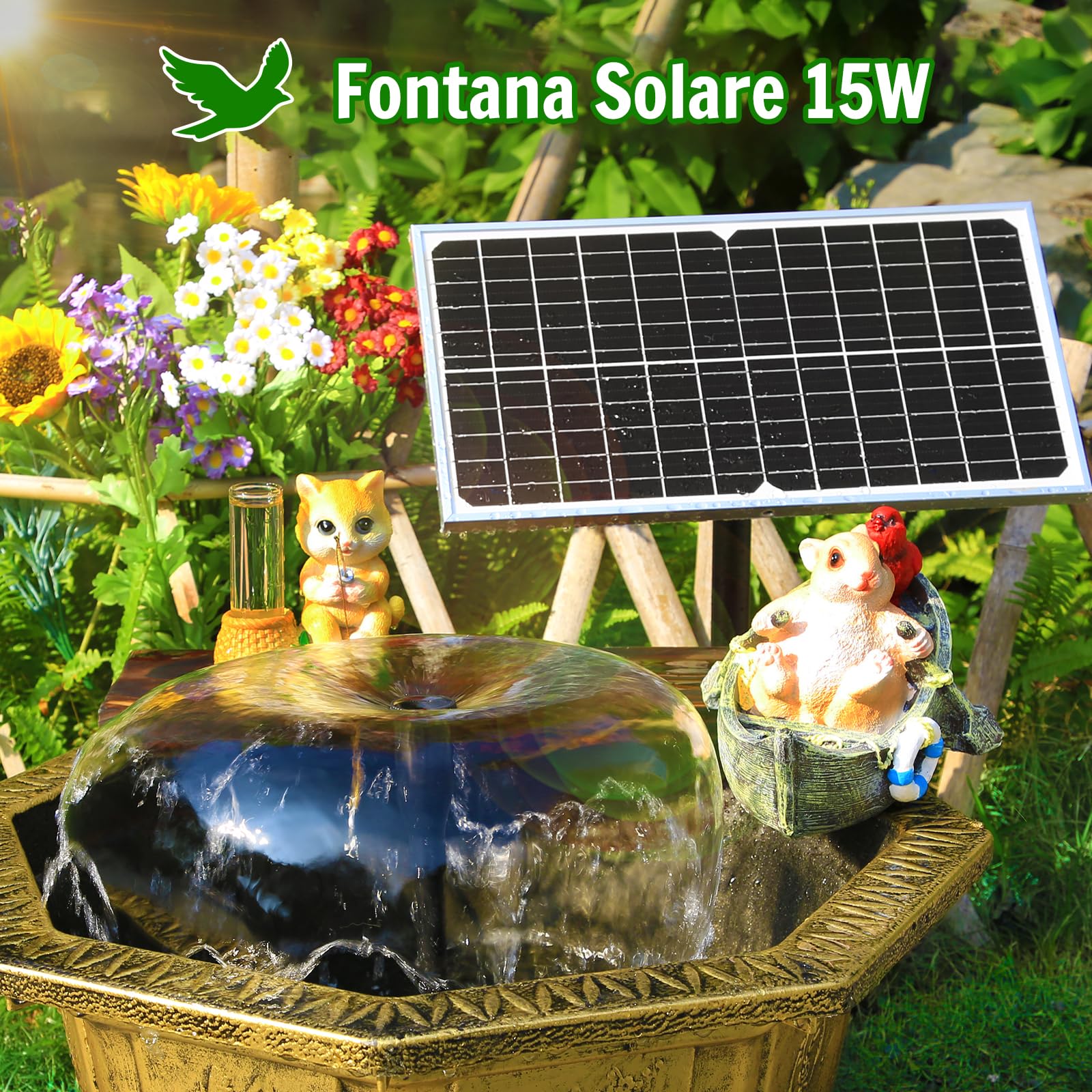 AMZtime 15W Fontana Solare, 2024 Aggiornato Fontana Solare per Esterno, Pompa Stagno Solare per Esterno, Pompa Solare per Bagno Uccelli, Stagno, Giardino, All'aperto e al coperto