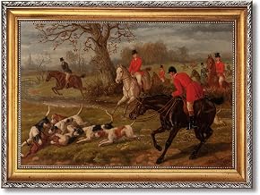 Horse and Hound Hunt Scene Canvas Wall Art Prints Oil Paintings Reproduction Equestrian Riders and Hounds Poster Classics Vintage Country Pictures for Home Bedroom Decor 24x36inch Golden frame