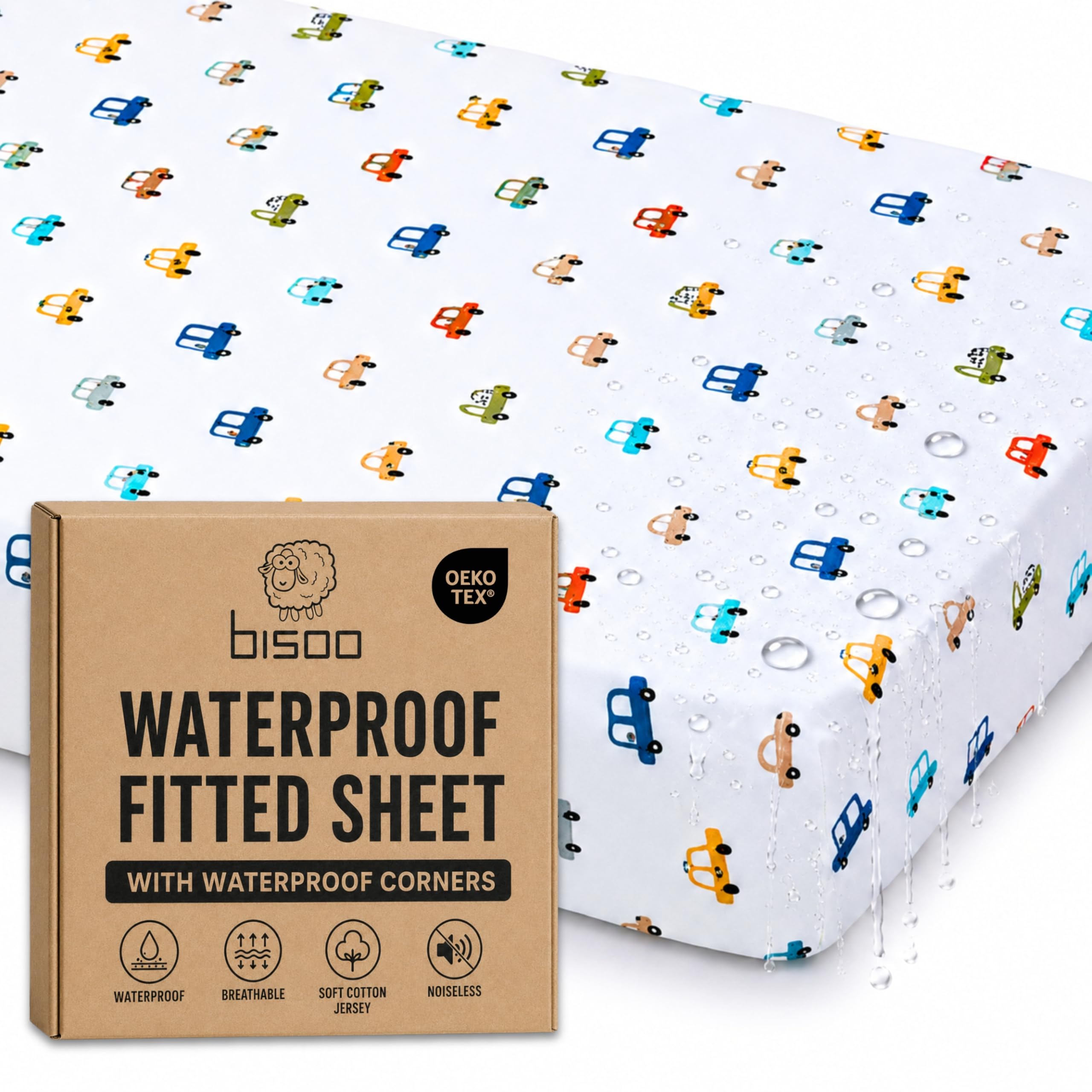 Bisoo Minicars The Magic Sheet 24X47 In / 60X120 Cm - Fully Waterproof Cot Sheets 120X60 Fitted 2In1: Jersey Cotton Bed Sheet & Mattress Protector For Cot Beds - Soft, Breathable, Silent, Oeko-Tex, Cars