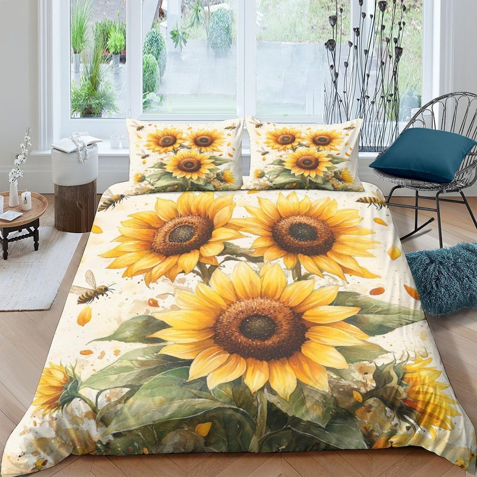 TUFRTGYHN 3D Printed Sunflower Duvet Cover Microfiber Soft Yellow Floral Bedding Set with 2 Pillowcases for Bedroom Home Decor Single（135x200cm）