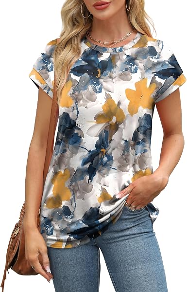 Aokosor Aokosor Womens Summer Tops Floral Printed Short Capsleeve Shirts Crew Neck Cute Fashion Dressy Tunic Blouses for UK in use