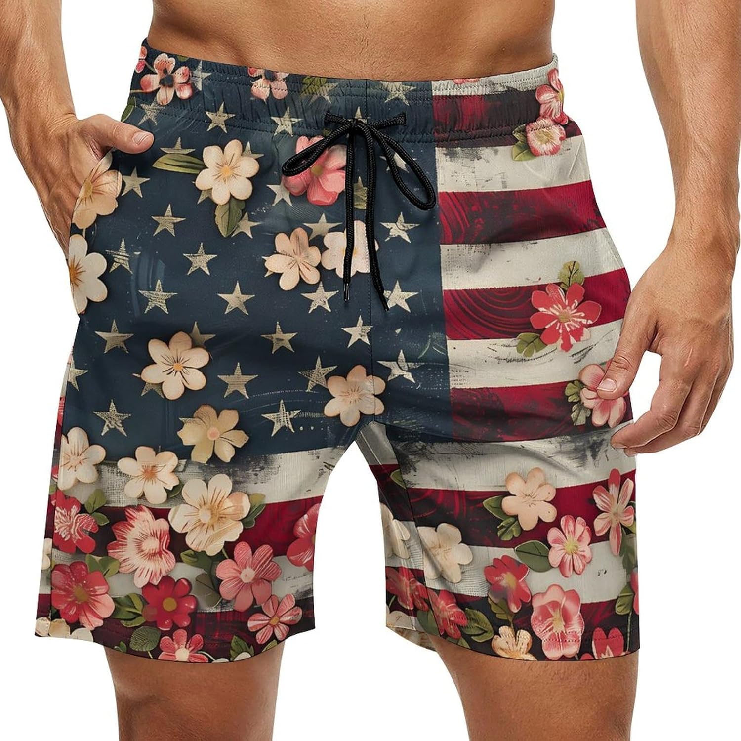 US Flower Flag Casual Men's Swim Trunks Novelty Summer Beach Shorts Swimwear with Pocket