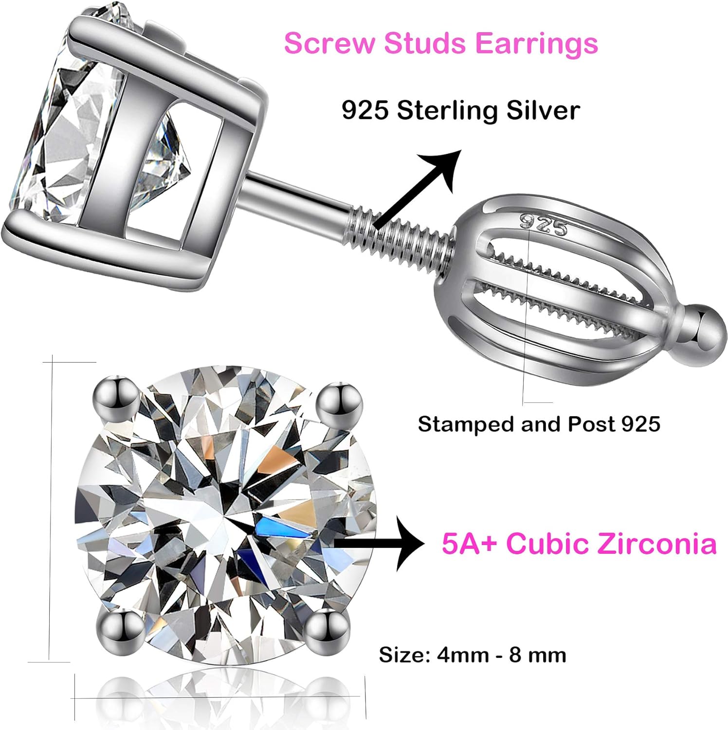 Jiamiaoi Stud Earrings Screw Back Sterling Silver Cubic Zirconia Stud Earrings Set 4 Millimeters-8 Millimeters Nickle Free Hypoallergenic Earring Studs - Image 7