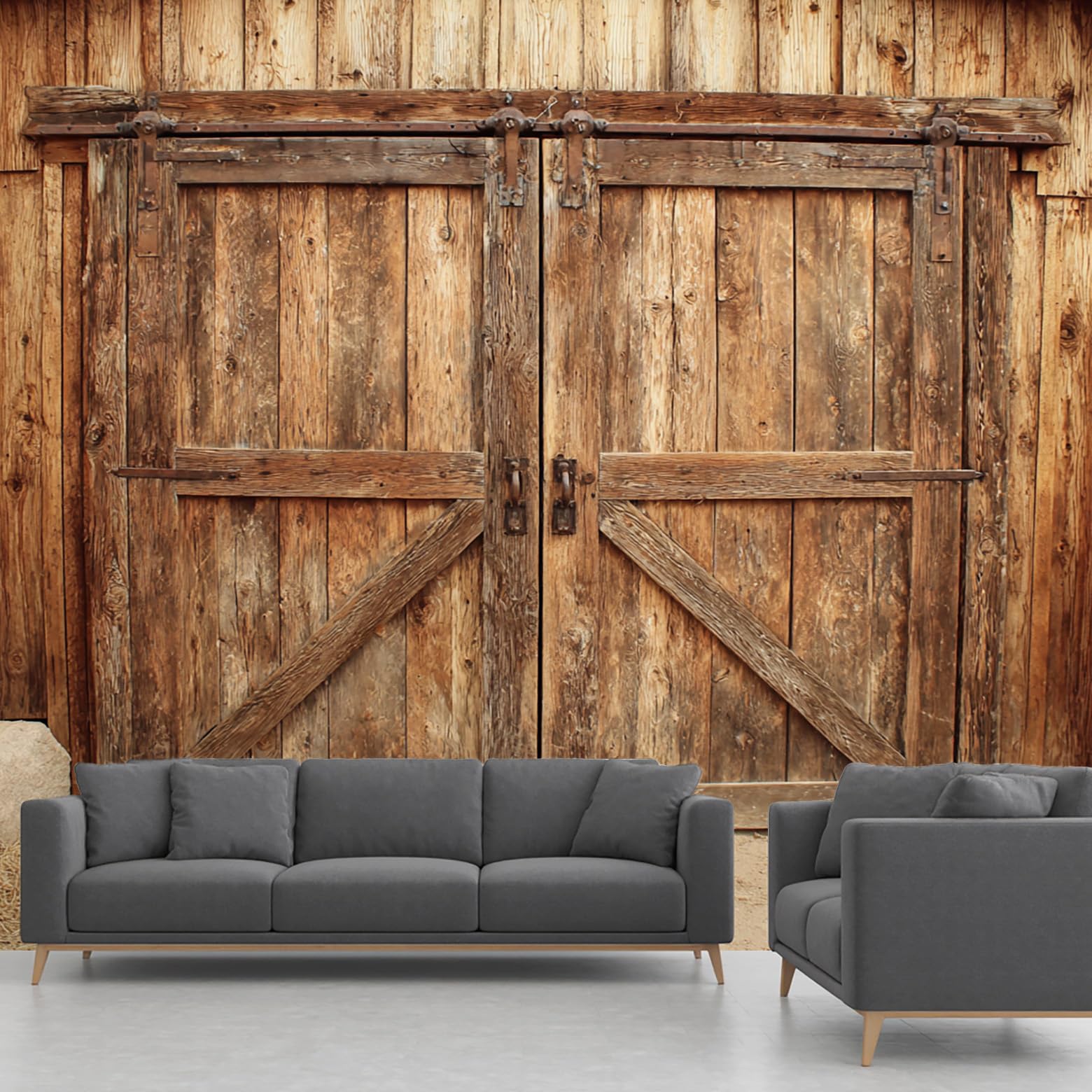 Papier peint porte de grange pour masquer un mur abîmé avec une fresque de 352 cm