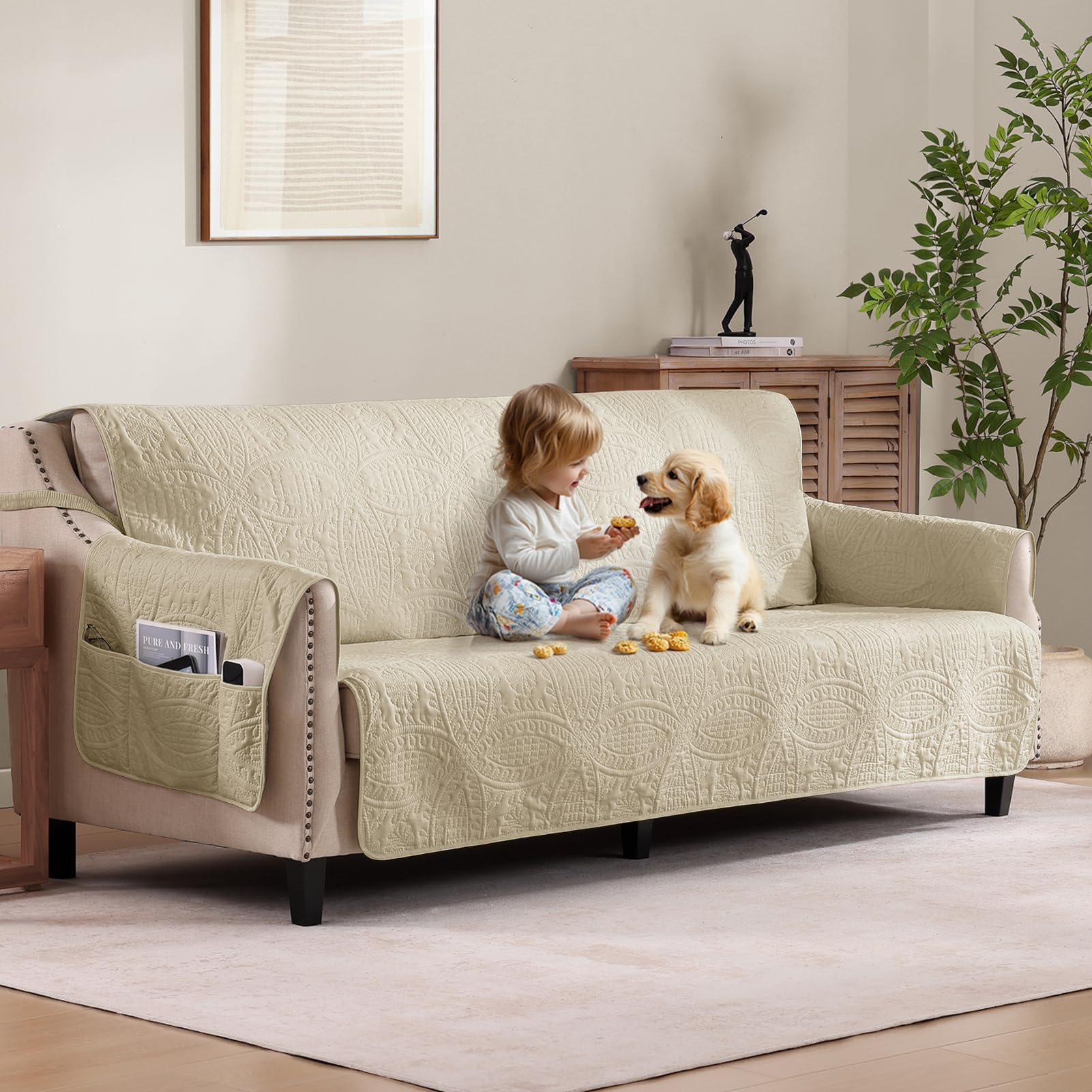 Soft Quilted Couch Cover with Pockets for Extra-Large Sofa, Anti-Slip Sofa Covers Washable for 3 Cushion Pet Friendly, Oversized Sofa Cover Water-Repellent (X-Large Sofa 78", Camel)
