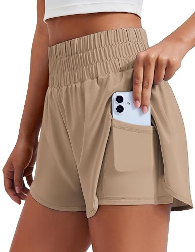 PINSPARK Women's 2 in 1 Running Shorts High-Split Athletic 3"