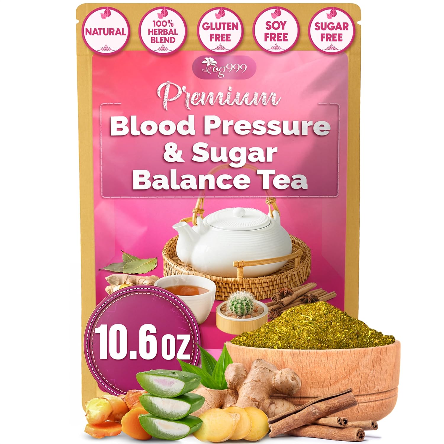 TOG999, Premium Blood and Sugar Balance Tea | 300gr - 10.5oz | 100% Natural Turmeric, Ginger, Cactus Nopal, Aloe Vera, Bay Leaf, Cinnamon & Hibiscus - Loose Powder Herbal Blend – Caffeine-Free Tea