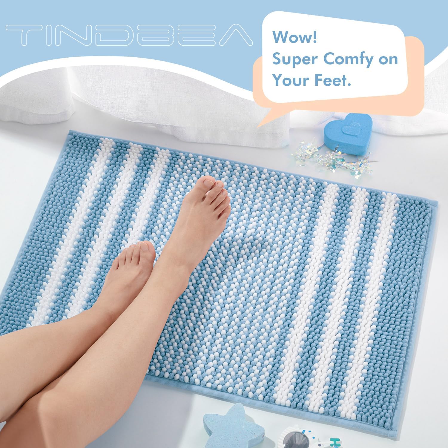 Tindbea Bathroom Rugs Set 2 Piece, Extra Soft and Absorbent Fluffy Striped Chenille Bath Mat Rug Set, Non Slip Bathroom Floor Mat, Machine Washable (20" x 32" Plus 16" x 24", Blue)