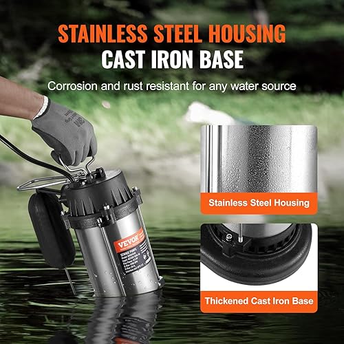 Miniatura 3 de VEVOR Bomba sumergible de sumidero, 0.5HP 4188GPH, bomba de agua de hierro fundido de 24 pies con cable de alimentación de 10 pies e interruptor de
