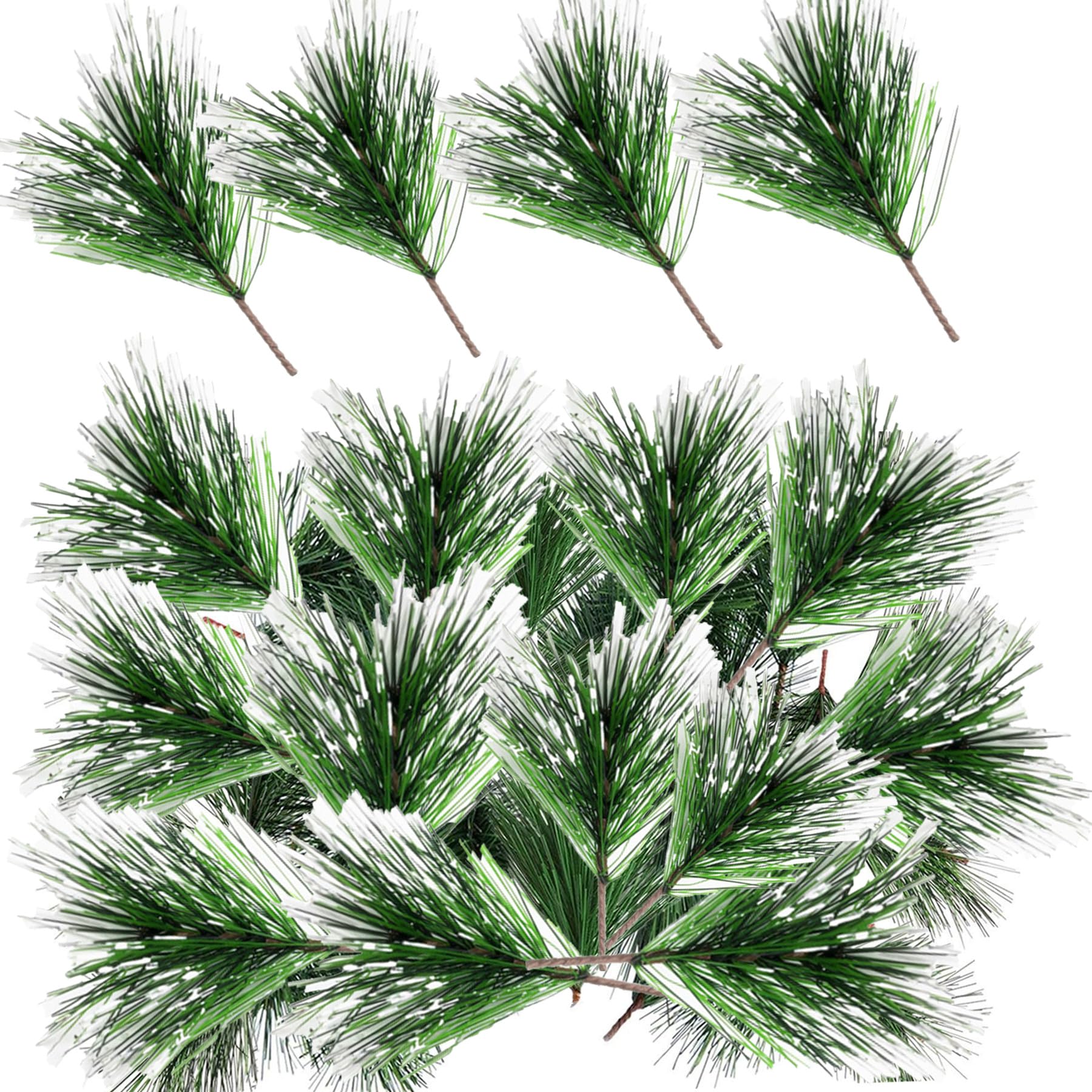 alfyng 40 Packs Artificial Snow Pine Needles Branches, Fake Small Dyed White Pine Twigs Stems Picks Greenery Plants for DIY Christmas Garland Wreath Thanksgiving Home Holiday Decoration