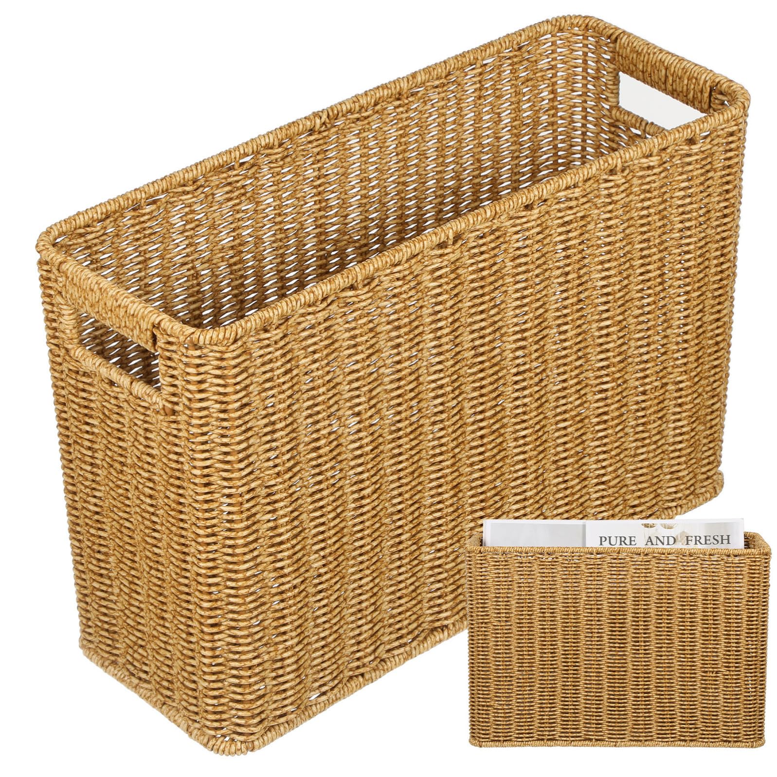 Cestino Intrecciato per Riviste in Plastica, Color Caffè | Manici Cavi, Trama Effetto Rattan, Contenitore Pratico per Cosmetici e Cucina
