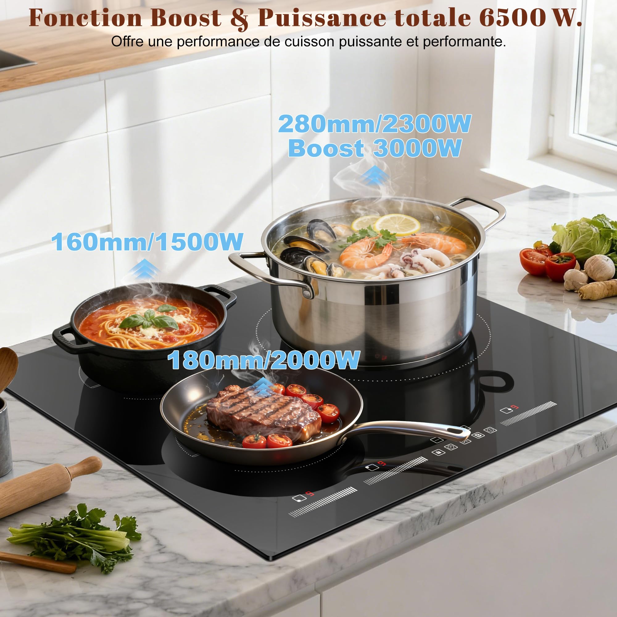 Plaque à Induction 3 Feux 6500 W, Plaque Induction 60 cm Encastrable | Commande Tactile, Sécurité Enfants, Booster, 9 Niveaux de Chauffe, Minuteur