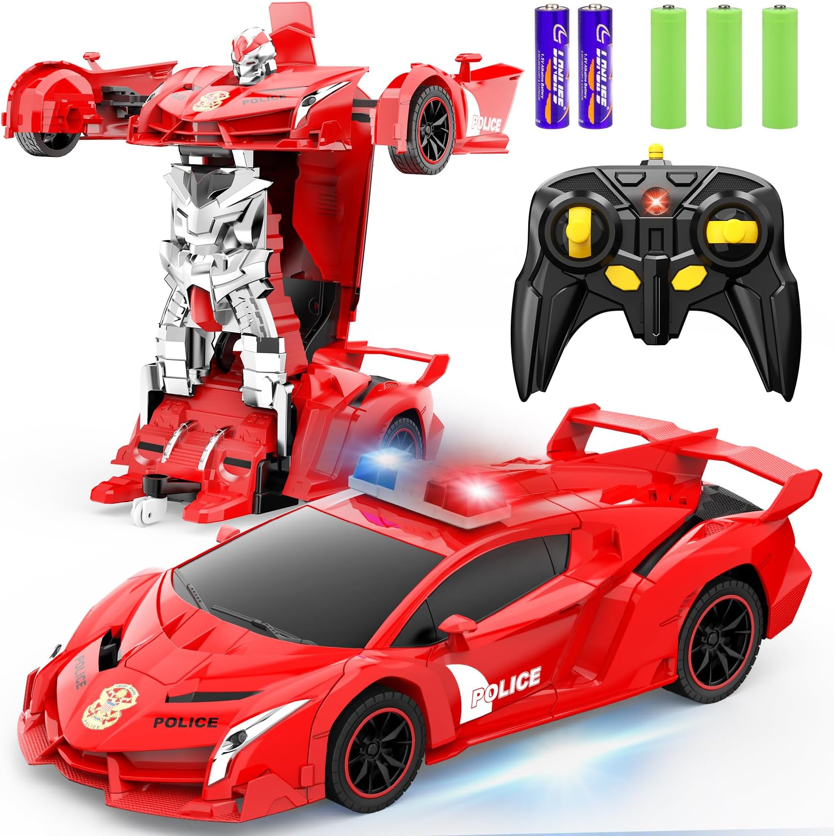 FDJ Transform Remote Control Car Robot, One Button Deformation to Robot with Flashing Light, 2.4Ghz 1:18 Scale Transforming Police Car Kids Toys with 360 Degree Rotating Drifting, Toys for Boys Girls