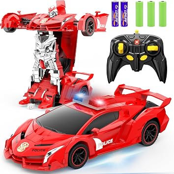 FDJ Transform Remote Control Car Robot, One Button Deformation to Robot with Flashing Light, 2.4Ghz 118 Scale Transforming Police Car Kids Toys with 360 Degree Rotating Drifting, Toys for Boys Girls