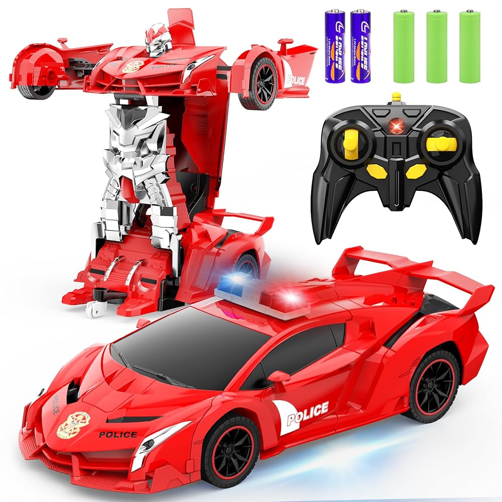 FDJ Transform Remote Control Car Robot, One Button Deformation to Robot with Flashing Light, 2.4Ghz 1:18 Scale Transforming Police Car Kids Toys with 360 Degree Rotating Drifting, Toys for Boys Girls