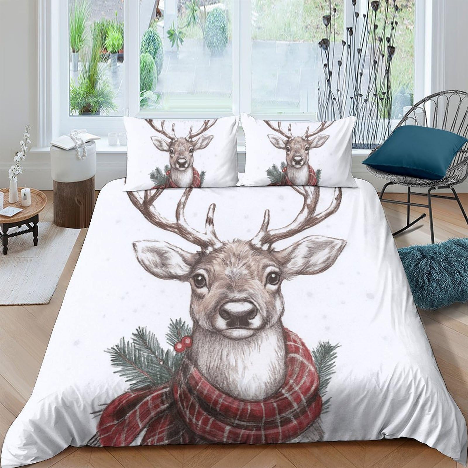 Ctjqhvkz Style-4 3D Printed Reindeer Scarf Fitted Sheet Microfiber Soft Christmas Deer Bed Cover For Bedroom Guest Room Mattress Protection Decor Single（135X200cm）