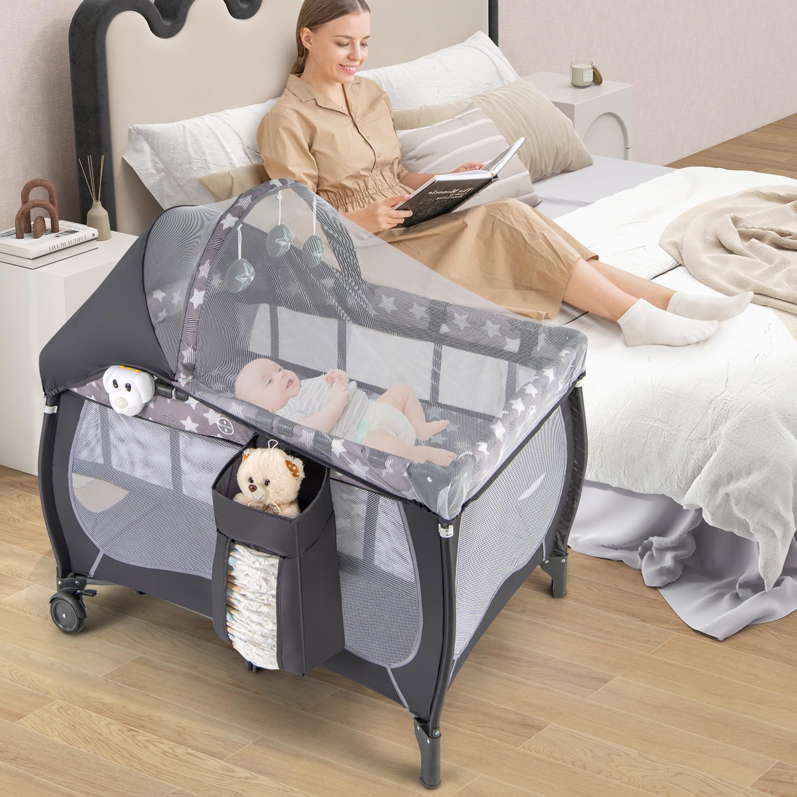 DREAMADE 4 en 1 Lit Parapluie Bébé 102x72x74CM avec Matelas&Moustiquaire Lit de Voyage Tout-Petites 0-3 Ans avec Porte-Couche,Roue Verrouillable,Table à Langer,Boîte à Musique,Charge 15KG (Étoilé)