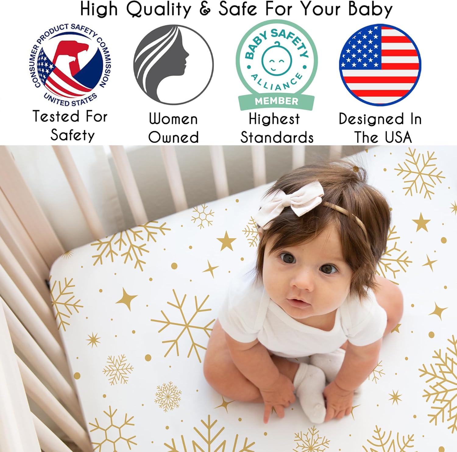 Sweet Jojo Designs Fitted Baby Crib Sheets (Christmas Holiday) for Girls/Boys, Infant Nursery, Toddler Room - Standard Size (Xmas, Snowflakes, Yellow Gold, Elegant Snow Flake, Festive, Winter Season)