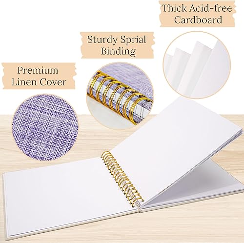 Miniatura 7 de Álbum de recortes de fotos, cubierta de lino, 8 x 8 pulgadas, tapa dura, libro de recuerdos de papel kraft blanco, para viajes, bodas, libro de