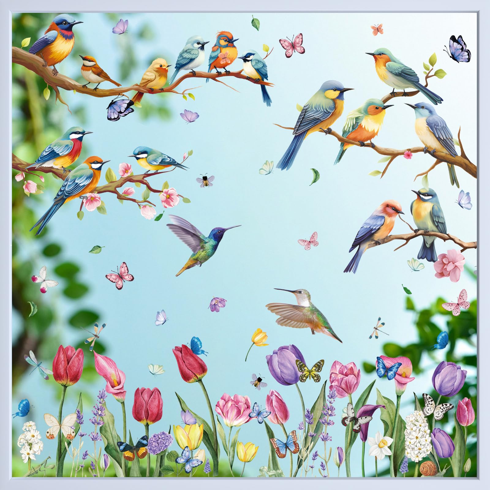 Hianjoo 76Pcs Autocollants de Fenêtre Printemps, 9 Feuilles Autocollants Anti-Collision Film pour Vitre, Papillon Branches Escargots PVC Autocollants Décoration de Printemps