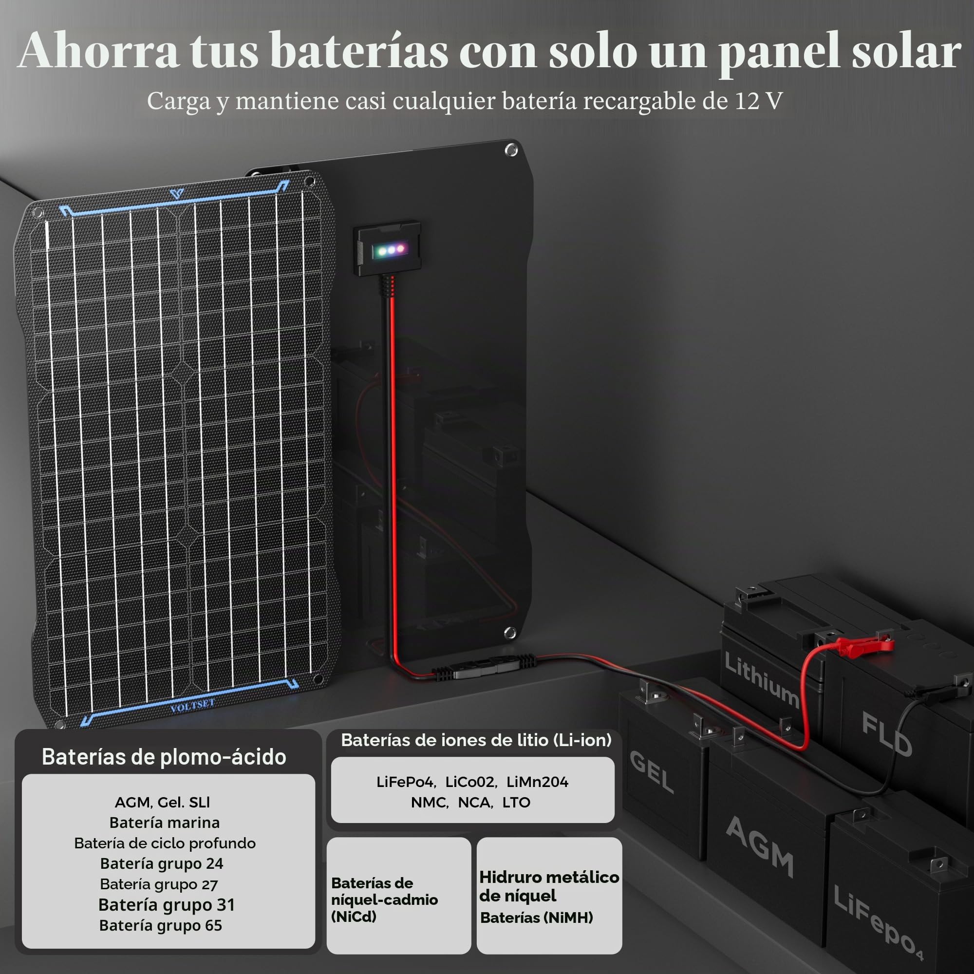 Voltset Cargador de batería portátil de 30 W con panel solar de 12 V para coche, barco, autocaravana y motocicleta