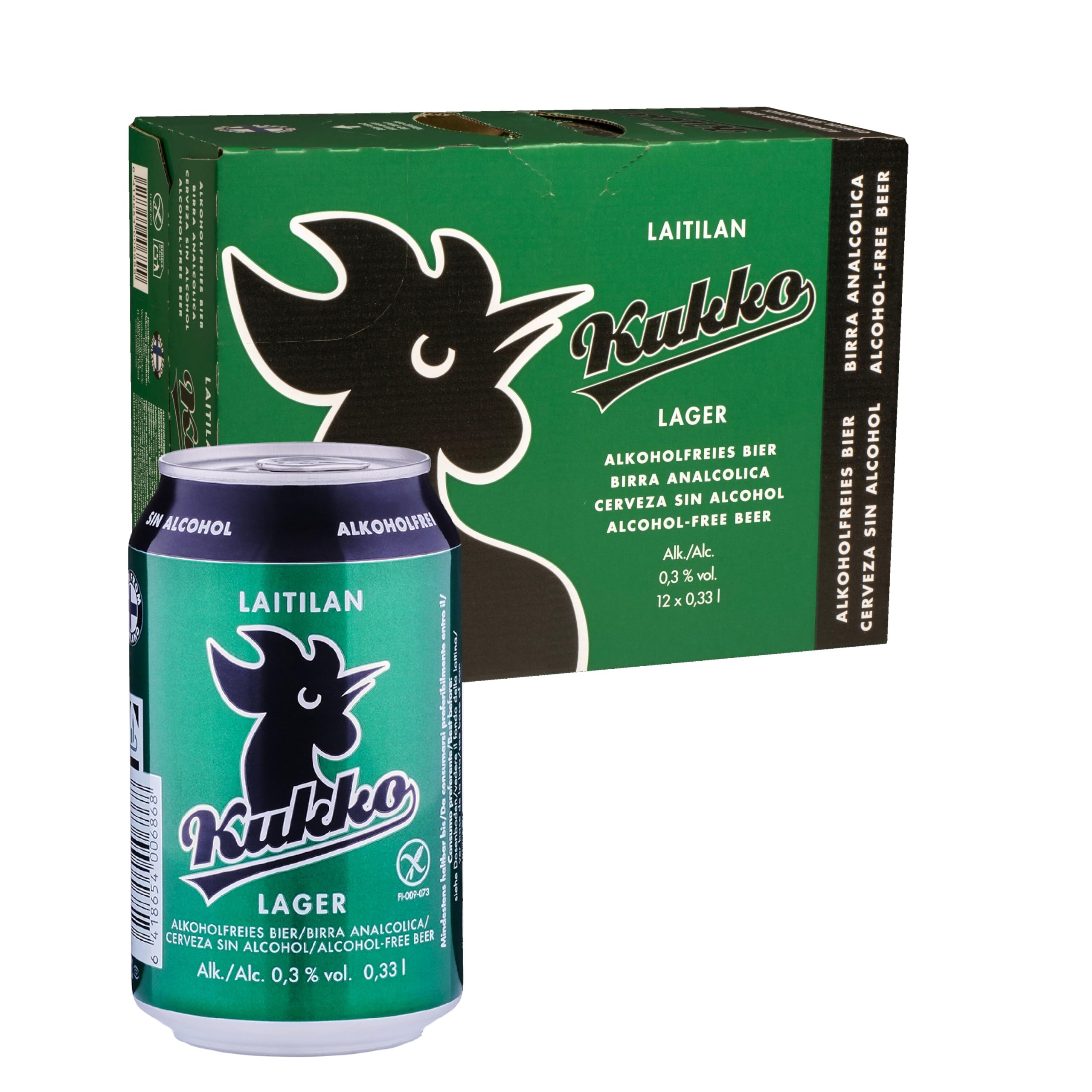 Kukko Birra Lager Analcolica – Senza Glutine – Gusto Morbido e Rinfrescante – 24 lattine da 0,33 L (2 confezioni da 12)