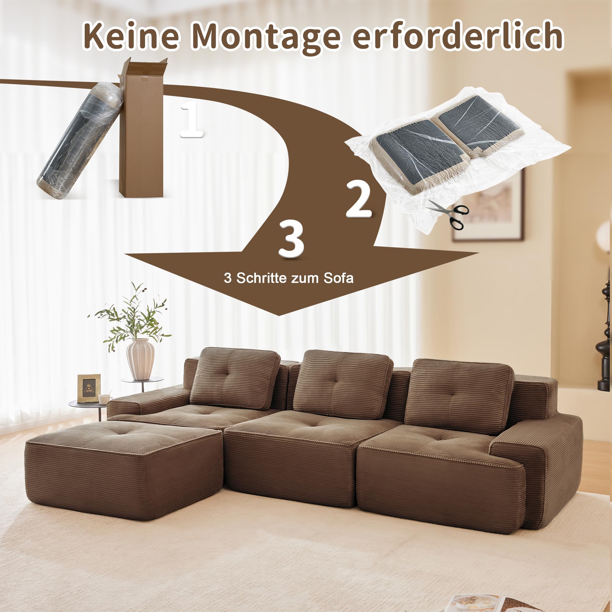 Bladez Moderno divano modulare Cloud Boneless ad angolo a forma di L in velluto a coste, divano cloud modulare con pouf, senza montaggio, divani imbottiti cloud combinabili per soggiorno (marrone, 3