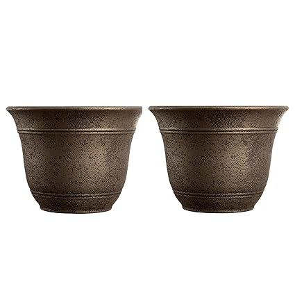 HC Companies 13-Inch Width Stoneware Sierra Planter Round Nordic Bronze Planter (2 Pack)