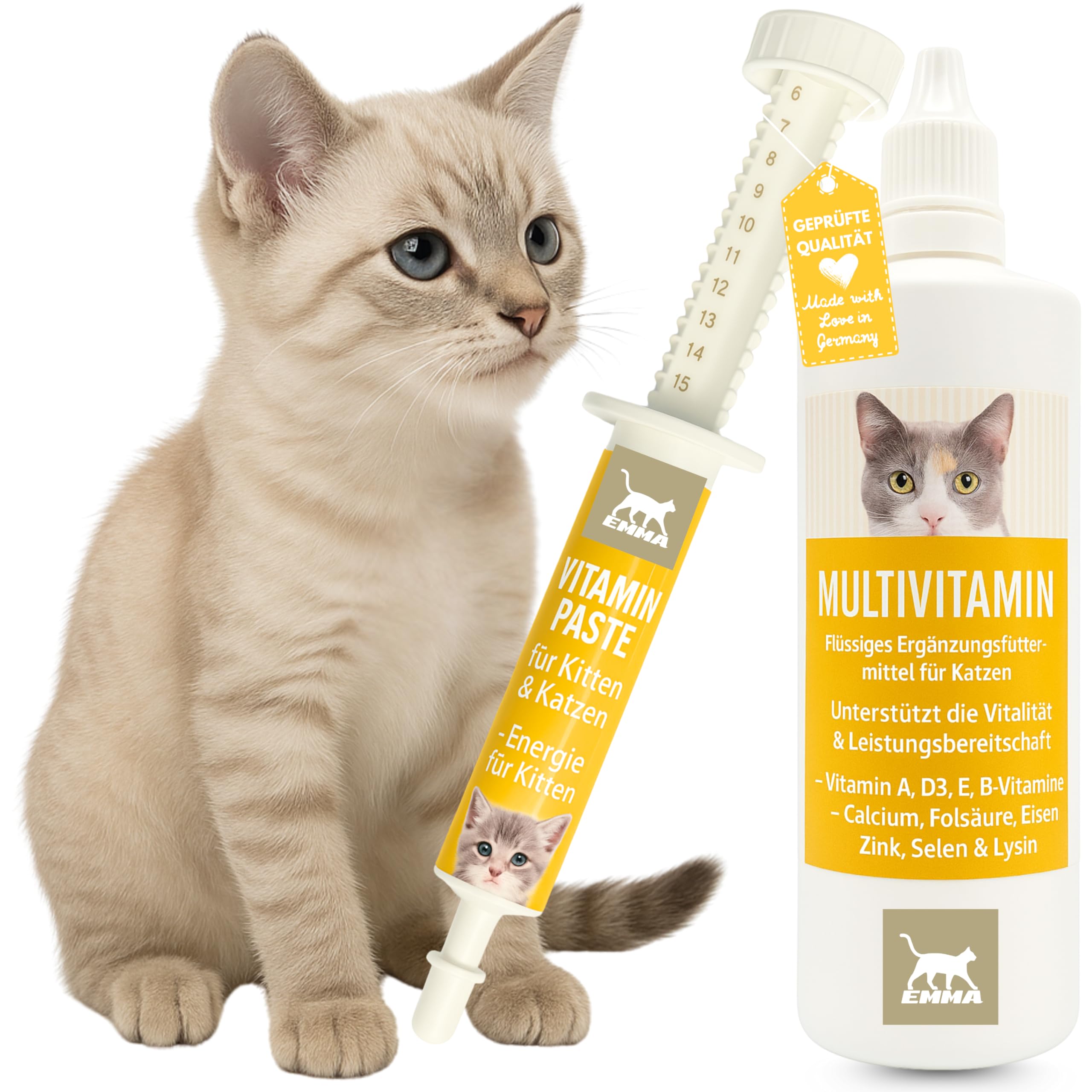 EMMA Multi Vitamine B Complex para Gatos, Vitamina B1, B2, B6, B12, Calcio, ácido fólico, Hierro, Zinc Líquido 100 ml más Refuerzo vitamínico 15 ml