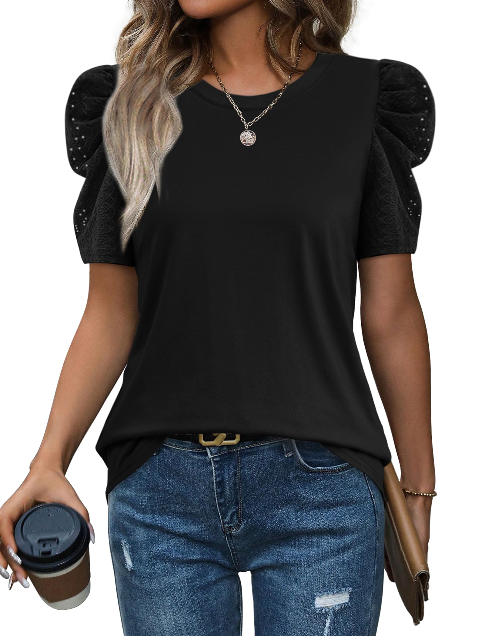 WIHOLL Summer Tops for Women Puff Sleeve Crewneck T Shirts Dressy Casual Blouses Spring Outfits Fashion Clothes