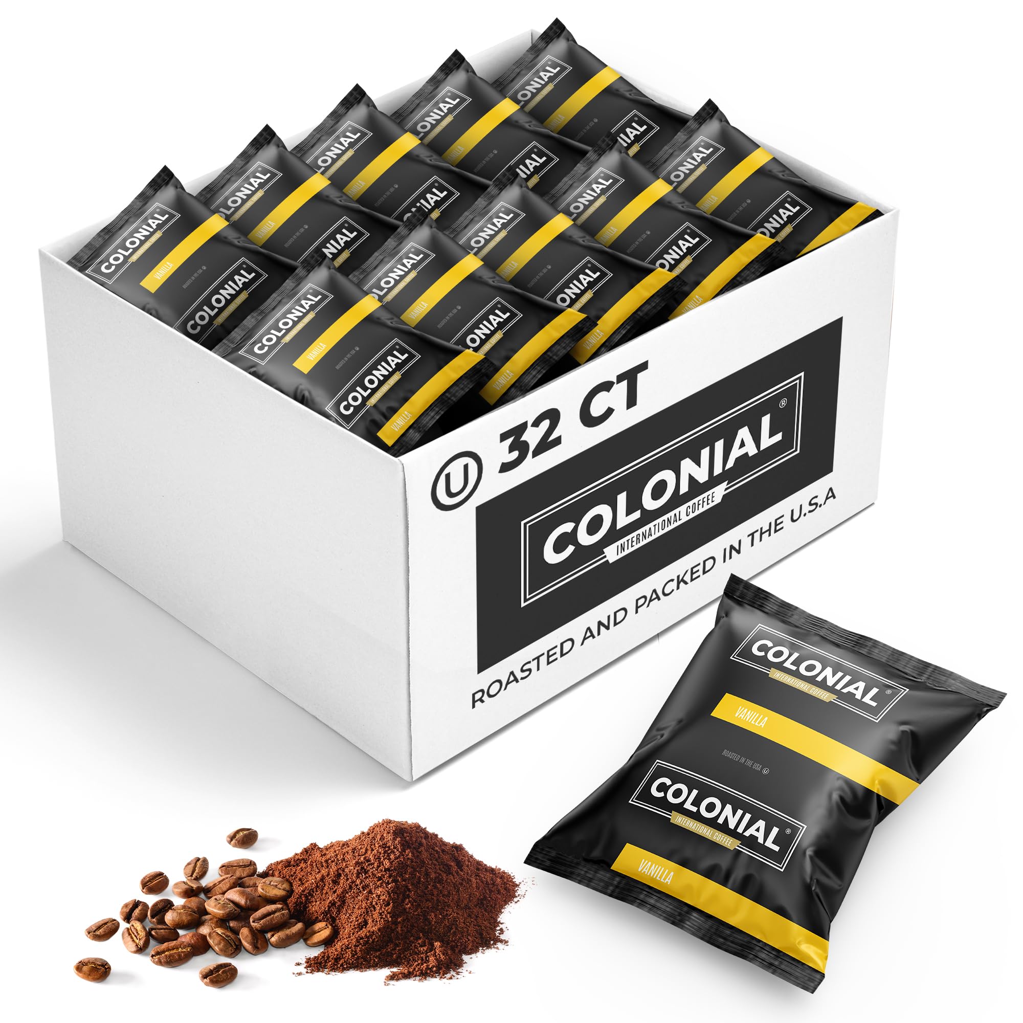 Colonial Coffee 32 Count Single Pot Coffee Packets – 100% Arabica Vanilla Flavored Medium Roast | Pre-Measured Frac Packs for 12 Cup Maker | Bulk