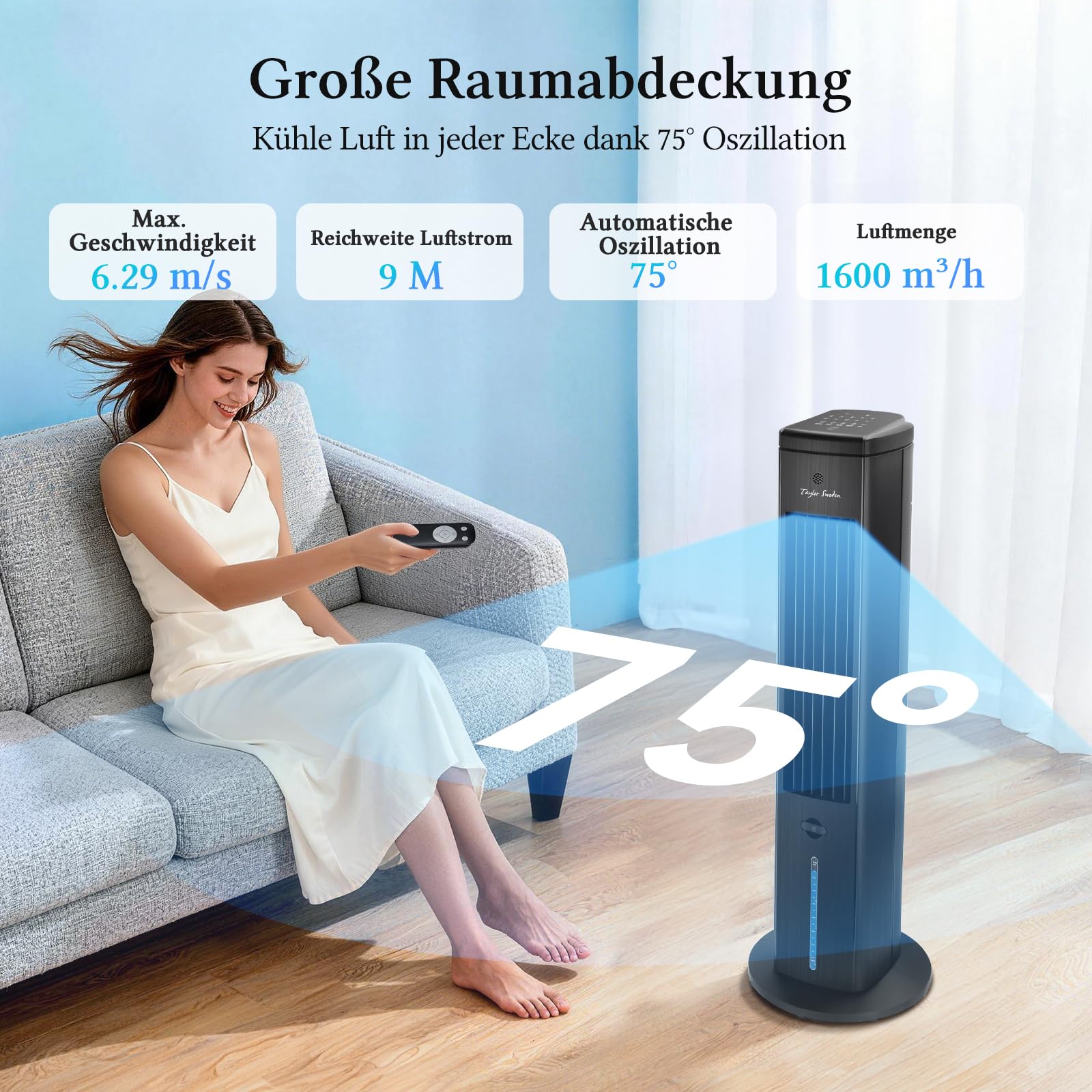 Taylor Swoden Turmventilator mit Wasserkühlung leise, 5-in-1 Luftkühler mit ION-Technologie & Aromadiffuser, 5L Wassertank, 75° Oszillation, 3 Geschwindigkeiten/Modi, 7h Timer, Fernbedienung, Schwarz
