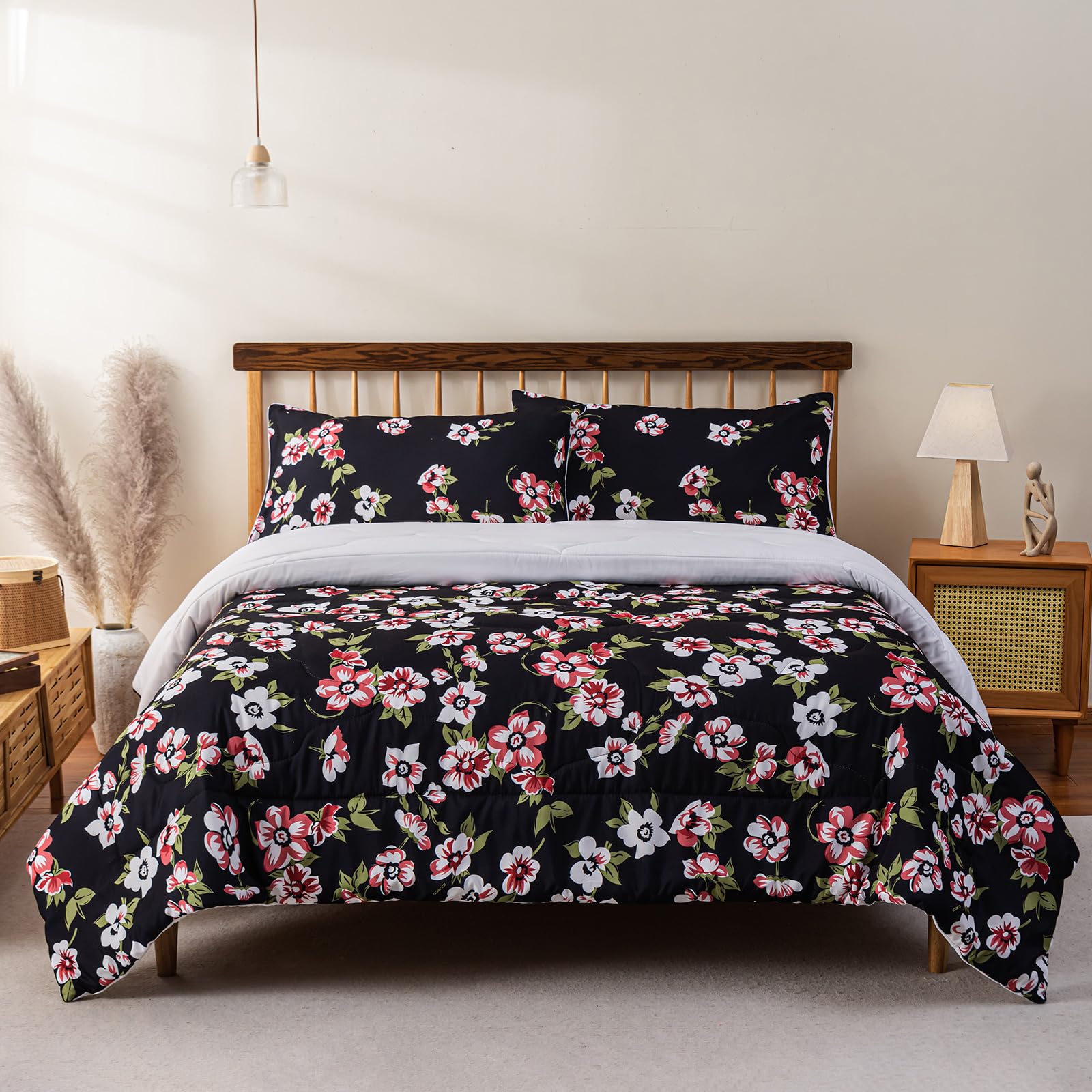 Dropshipful Black Floral Comforter Set Queen Size, Red White Flowers Bedding Sets, 3 Piece, 1 Comforter (90"x90") and 2 Pillow Shams (20"x36")