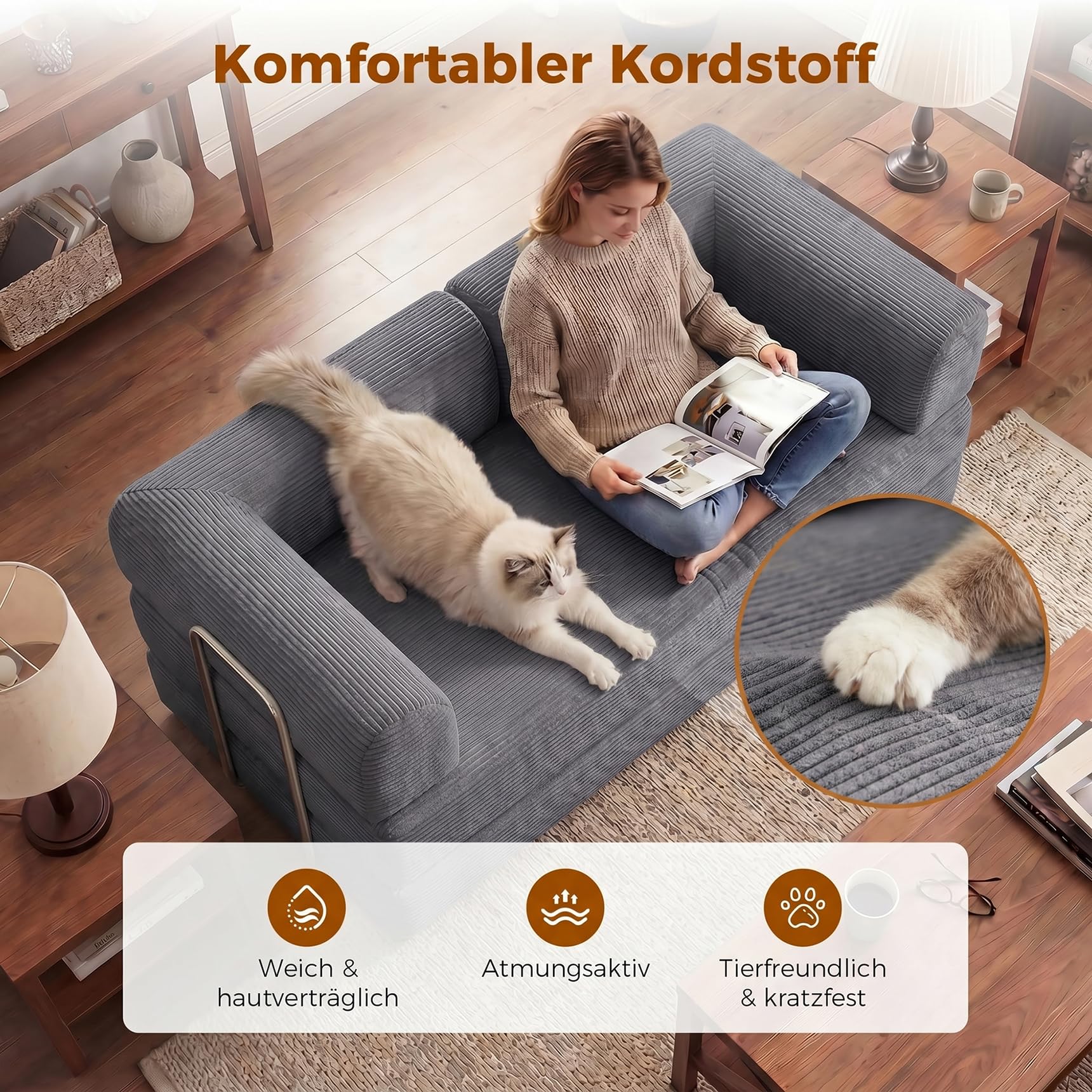 GRAVFORCE Schlafsofa – faltbares Bodensofa Bed mit Metallrahmen - Schlafsofa Klappbar 158cm breit - Compressed Sofa ohne Beine modulares Sofa Cord für Wohnzimmer Schlafzimmer Grau