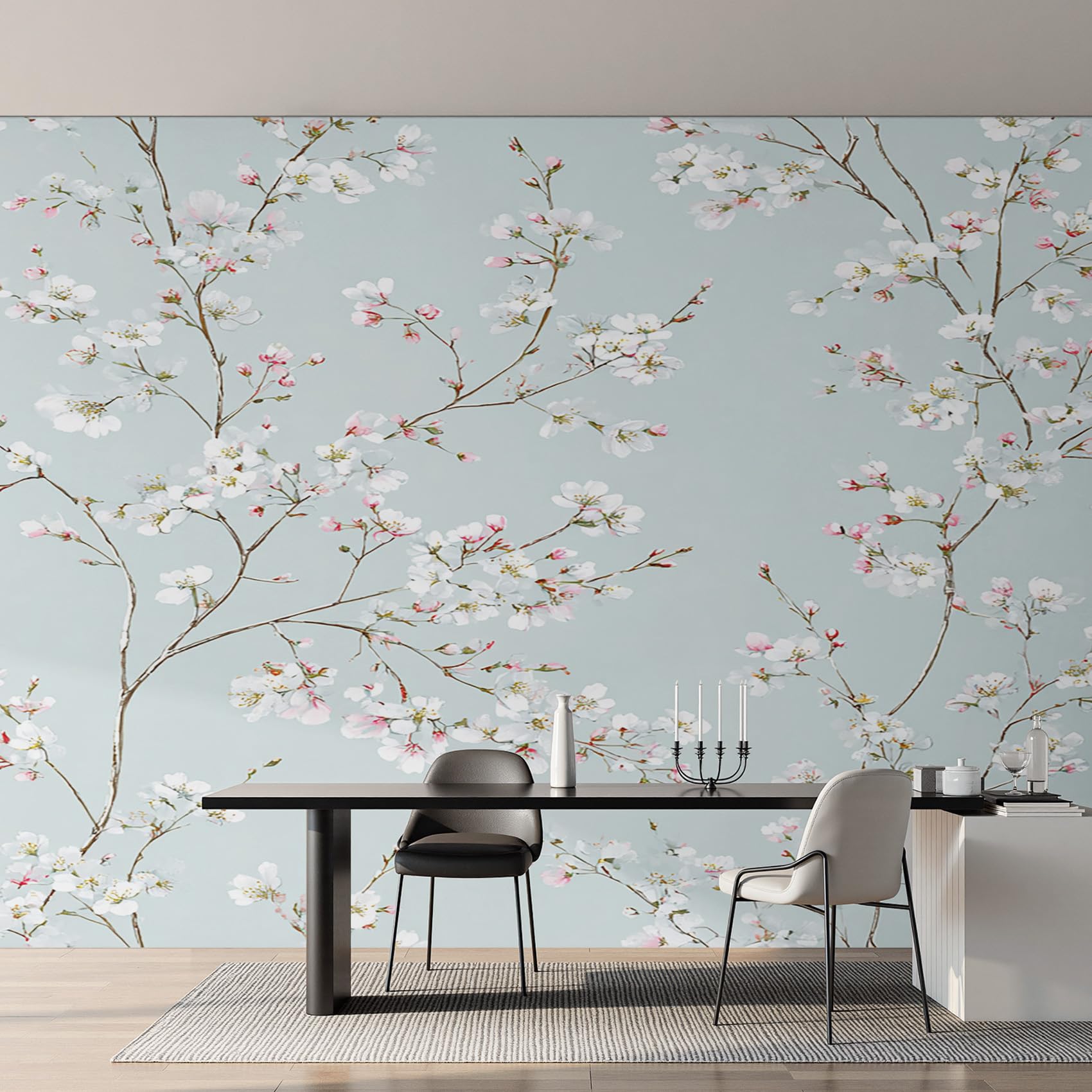 Papier peint panoramique fleur de prunier intissé pour masquer les imperfections de mur du salon