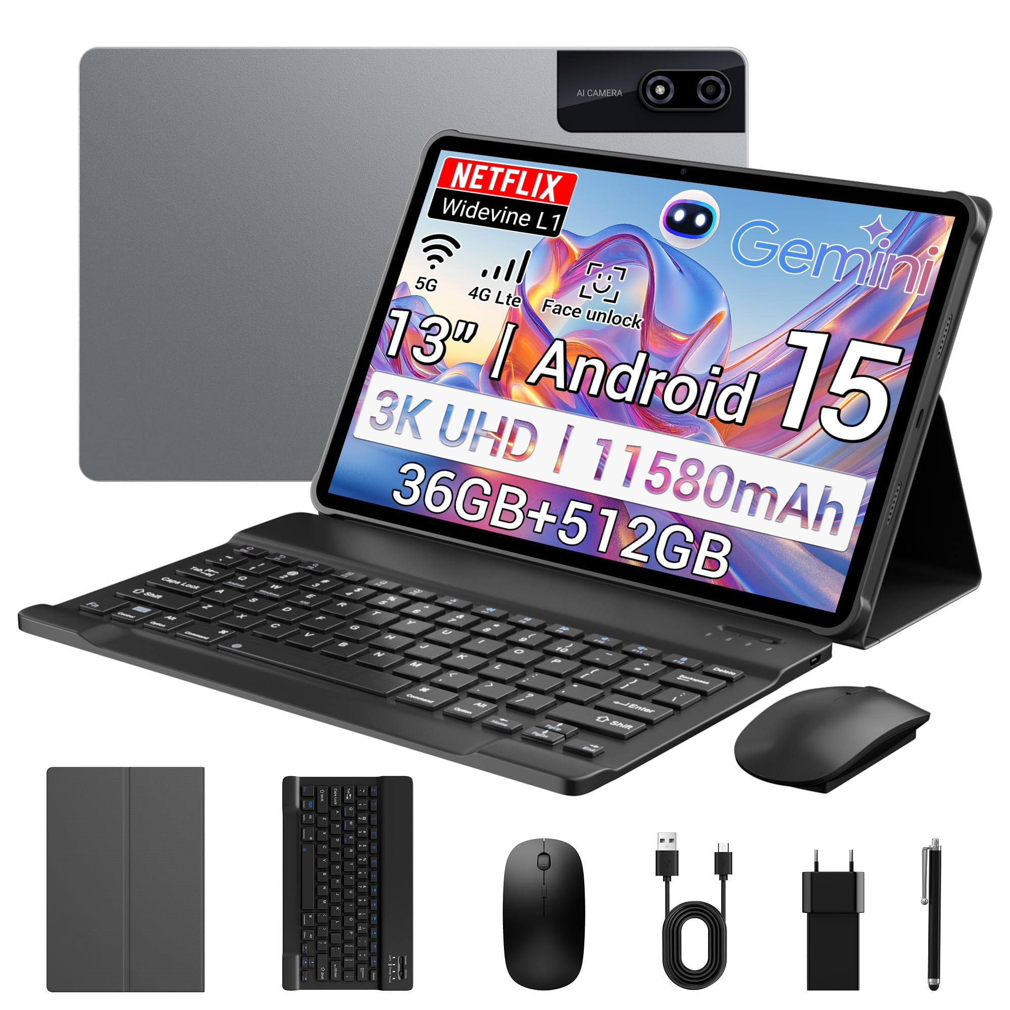 3K Tablette 13 Pouces avec Android 15, 36GB RAM, 512GB ROM (Extension 2TB), 4G Lte丨5G WiFi, 2940*1840UHD, 11580mAh, G99 2.2GHz, 13MP+8MP, Tablette Tactile avec Clavier丨GPS丨4 conférencier(Gris)