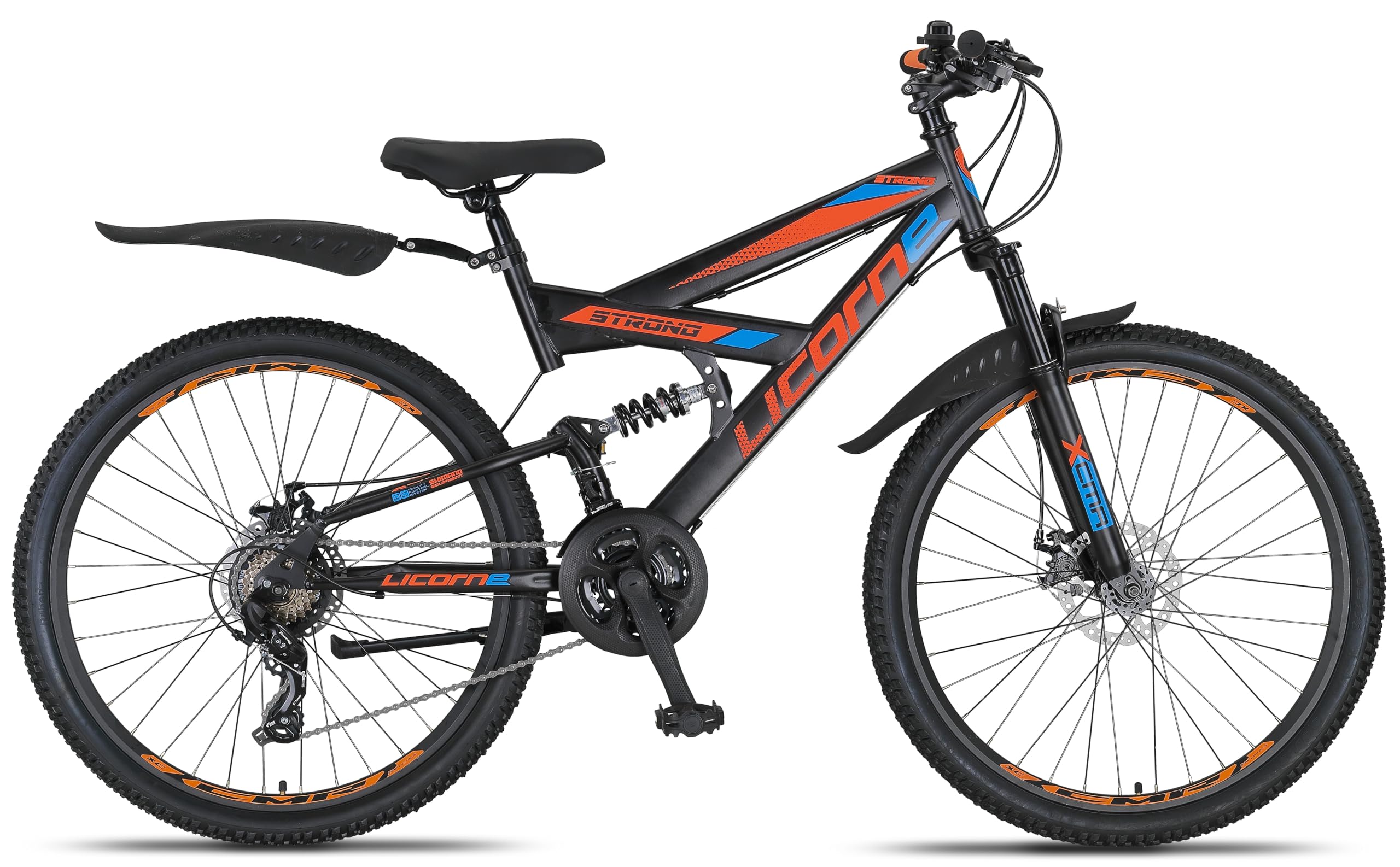 Licorne Bike Strong 2D Premium Mountain Bike in 26, 27,5 e 29 pollici, bicicletta per ragazzi, ragazze, donne e uomini, freno a disco anteriore e posteriore, cambio a 21 marce, sospensione completa