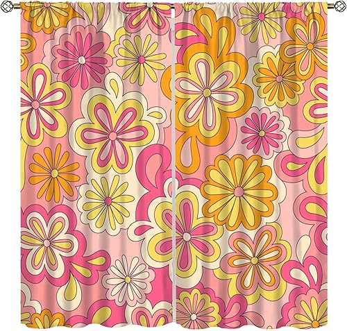 Cortina hippie de mediados de siglo, flores con aspecto de margaritas en estilo abstracto, ondas, retro, años 60, 70, patrón impreso, cortinas de