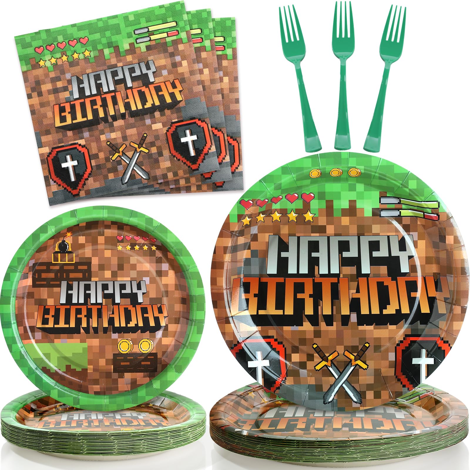 96Pcs Pixel Birthday Party Supplies, Mining Pixel Plates and Napkins, Video Game Birthday Plates, Mining Paper Plates for Boys Kid Teen Party Decoration, Serves 24