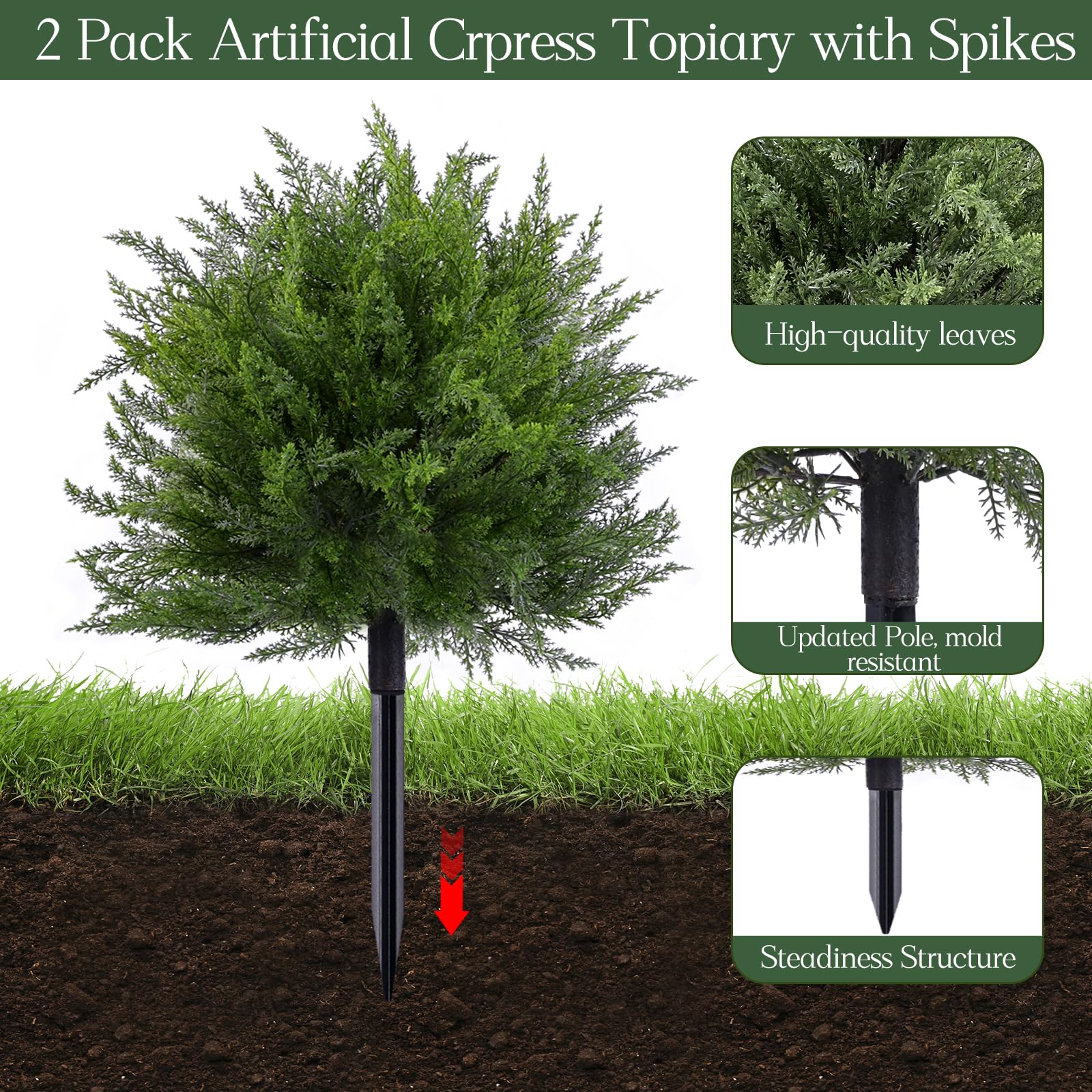 FAJUNZH 24'' Artificial Cedar Topiary Ball Trees with Ground Spike, UV Resistant Fake Bushes, Set of 2 Faux Cypress Fake Plants Faux Shrubs for Outdoor Indoor Front Porch Garden Decor