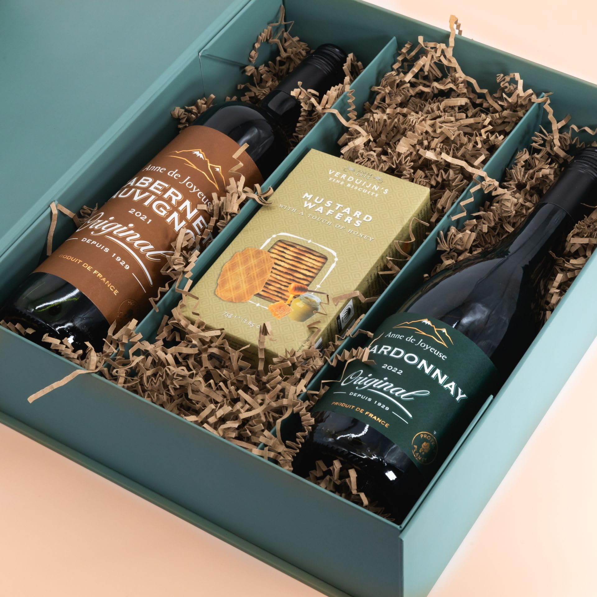 Weinbox Frankreich mit Bio Honig Senf Cracker - Premium Geschenkset mit Cabernet Sauvignon & Chardonnay von Anne de Joyeuse, Perfekt für Weinliebhaber und besondere Anlässe