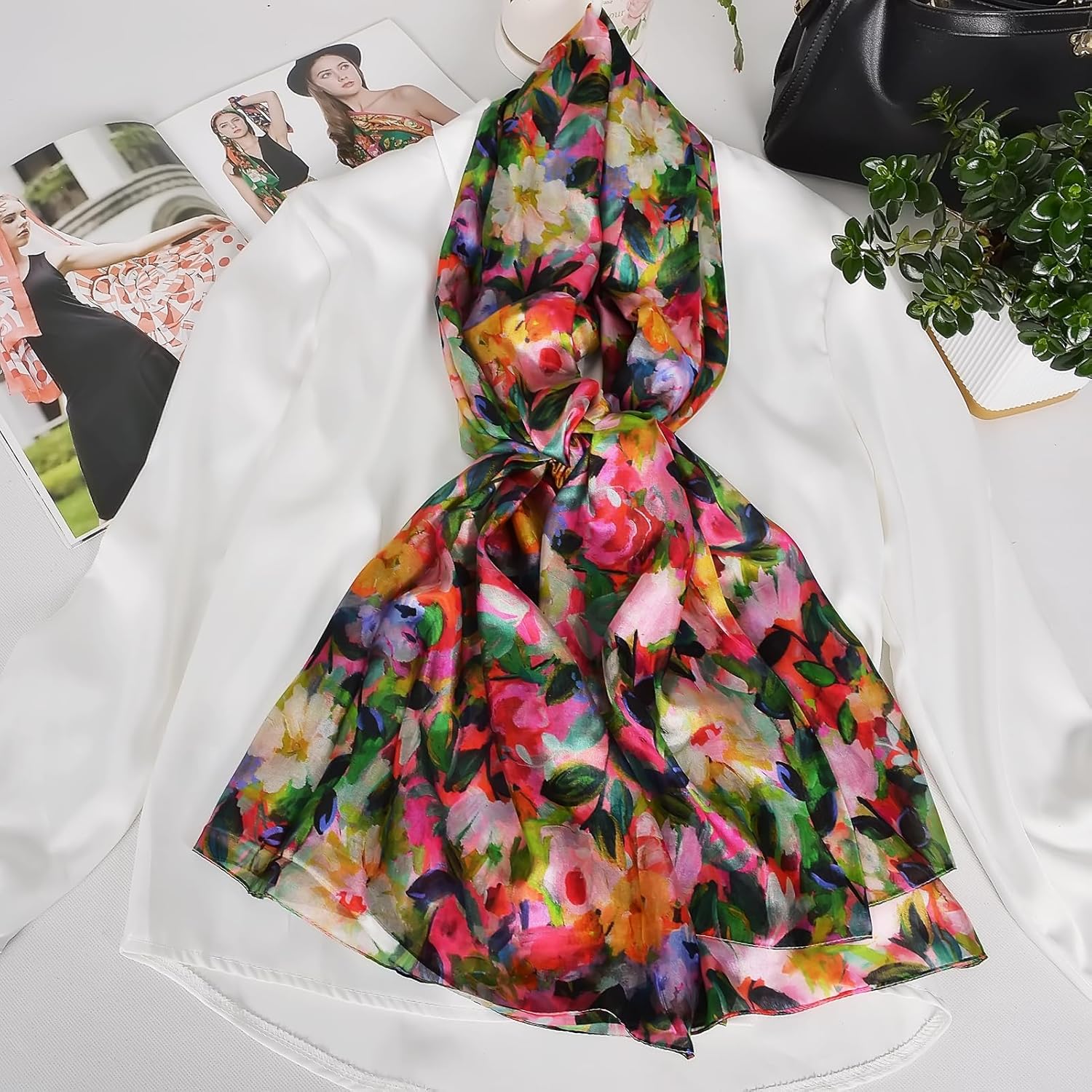 Women's 100% Mulberry Silk Scarf Lightweight Long Floral Print Neck Scarf, Beach Wrap & Travel Photography Shawl Gift - Image 7