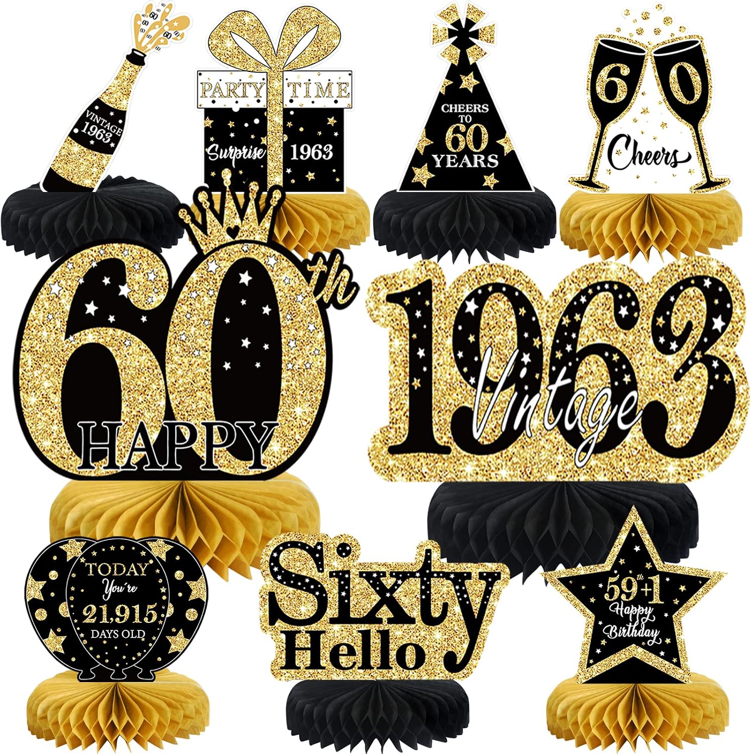 9 Pcs 60th Birthday Decorations Honeycomb Centerpieces for Women Men, Black Gold 1963 Aged to Perfection Vintage Centerpieces for Tables Toppers,Sixty Years Birthday Party Decorations Supplies