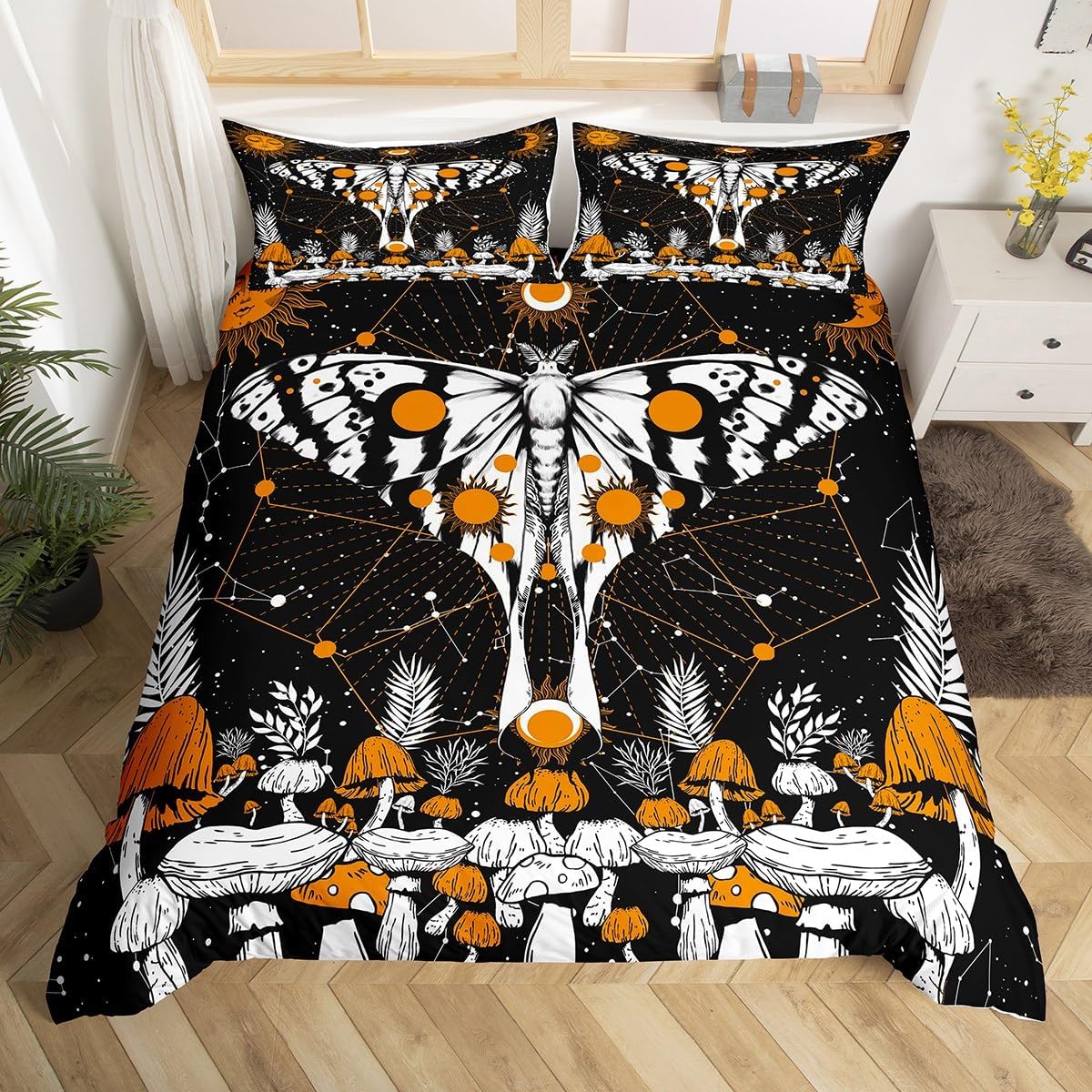 Erosebridal Sun and Moon Duvet Cover for Teens Adult,Yellow Mushroom Comforter Cover King,Luna Moth Moon Phases Astrology Bedspread Set Breathable,Hippie Galaxy Bed Cover with 2 Pillow Shams